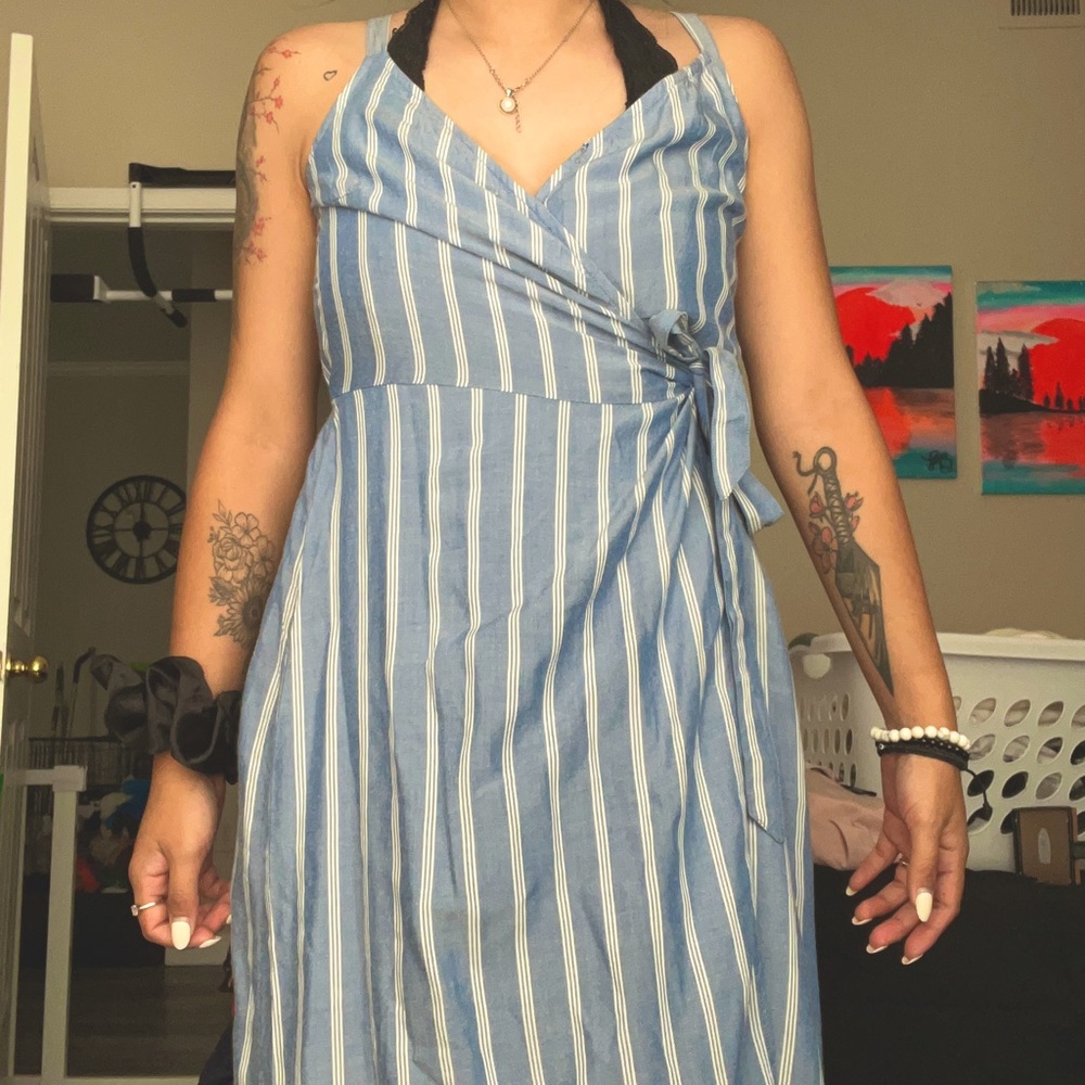 Blue and white striped dress